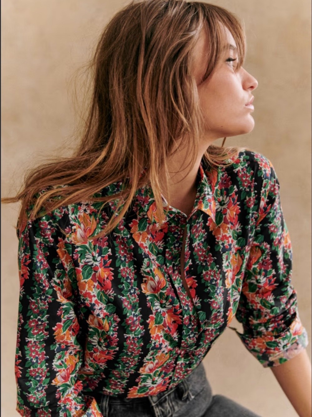 Sezane Pierrot Floral Button-Down Shirt - Black with Multicolor Floral Print